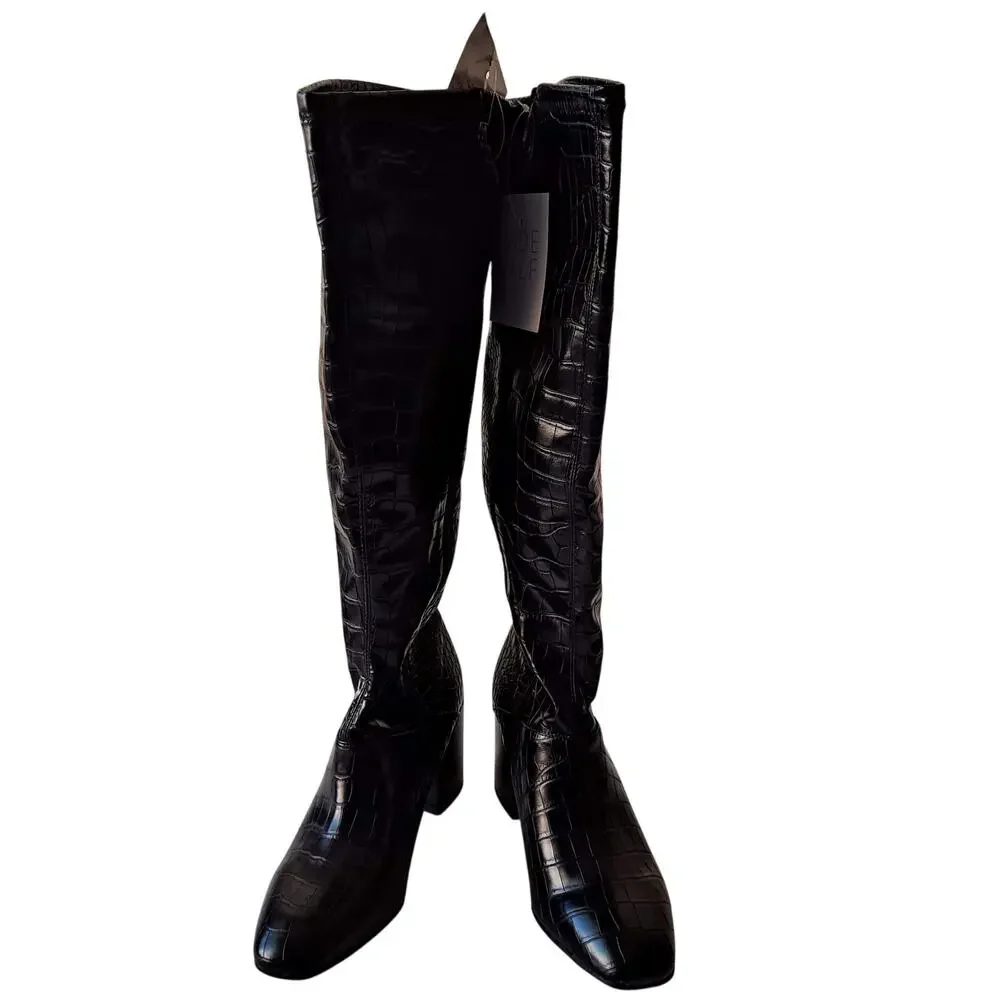 NWT Franco Sarto Tribute Black Croc Faux Leather Knee High Boots WIDE Calf 8.5 M